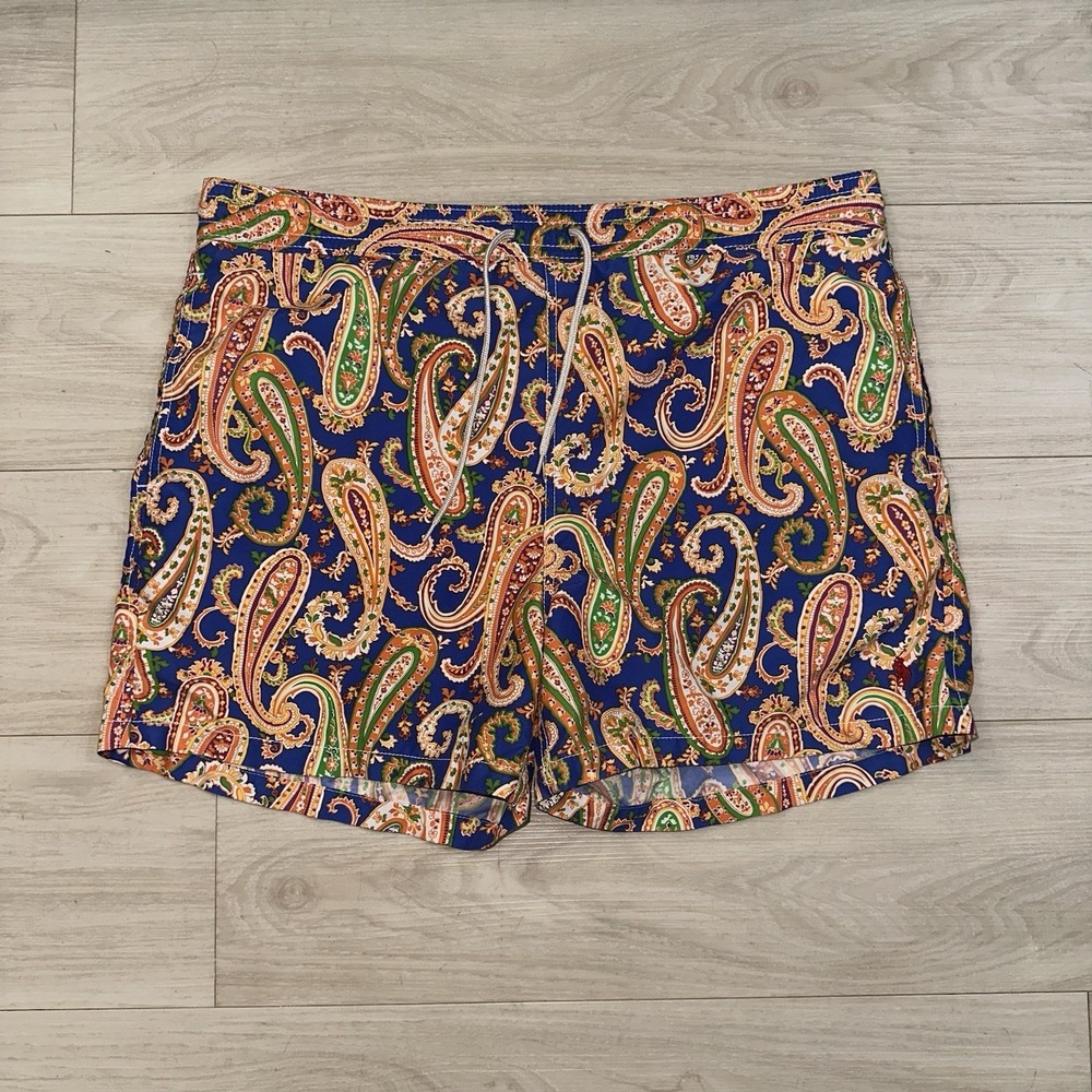 Polo Ralph Lauren Swim Shorts Mens LARGE Orange paisley pull on lined Beach